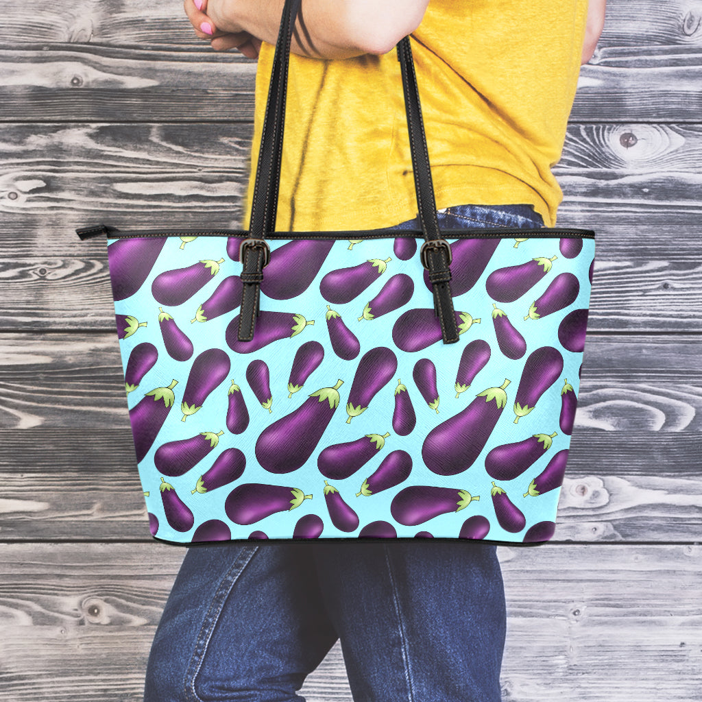 Purple Eggplant Pattern Print Leather Tote Bag