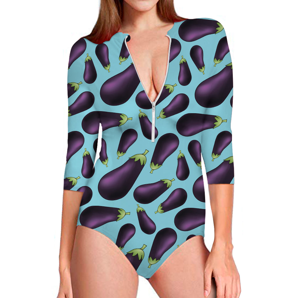 Purple Eggplant Pattern Print Long Sleeve One Piece Swimsuit