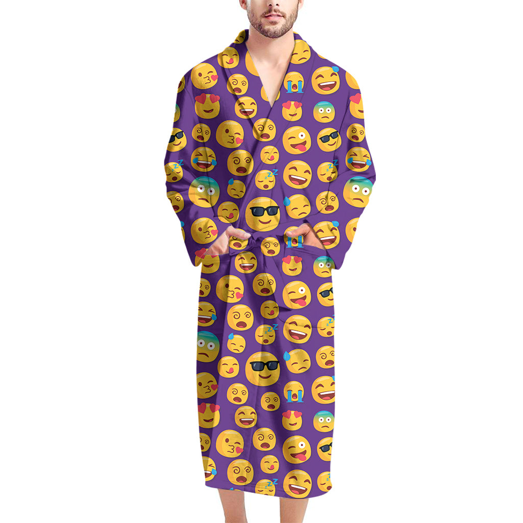 Purple Emoji Pattern Print Men's Bathrobe