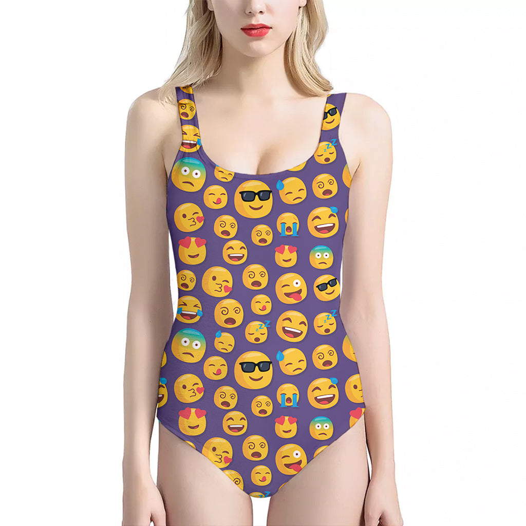 Purple Emoji Pattern Print One Piece Halter Neck Swimsuit