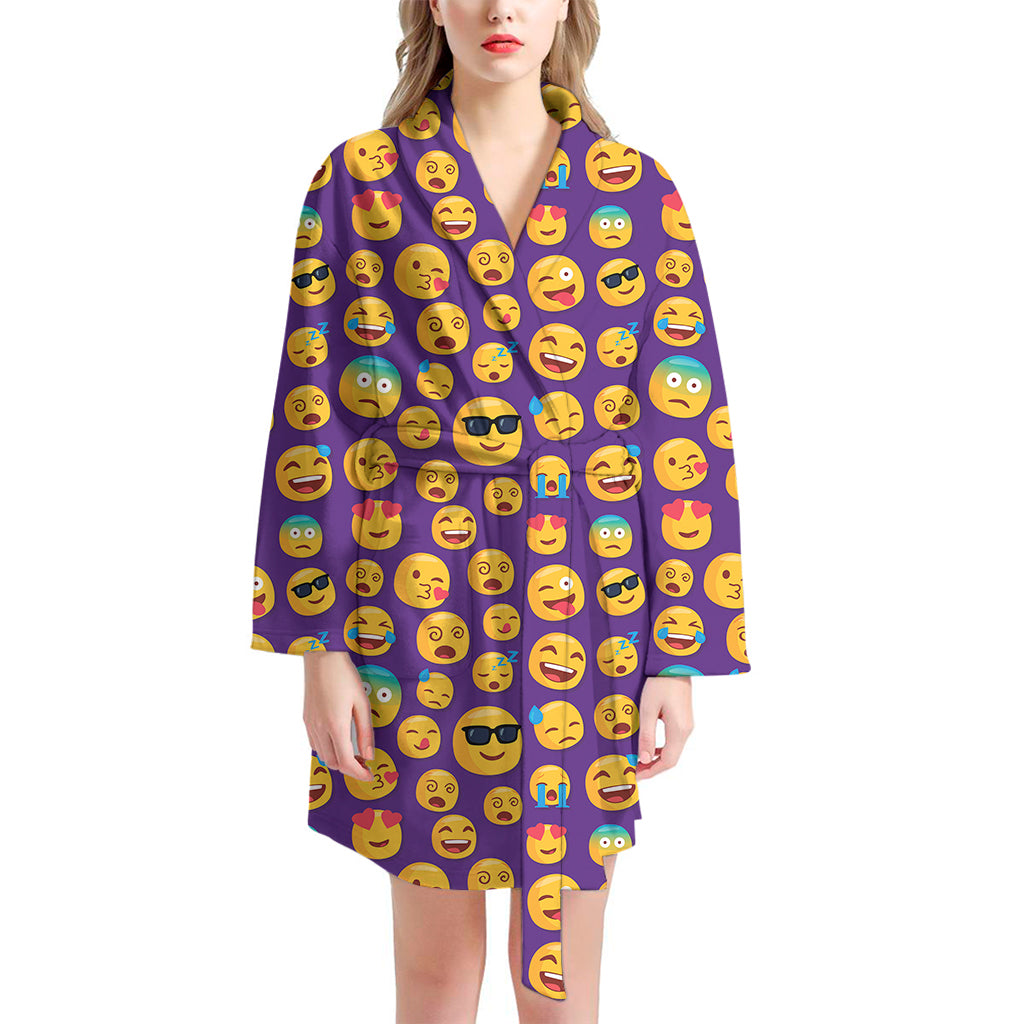 Purple Emoji Pattern Print Women's Bathrobe