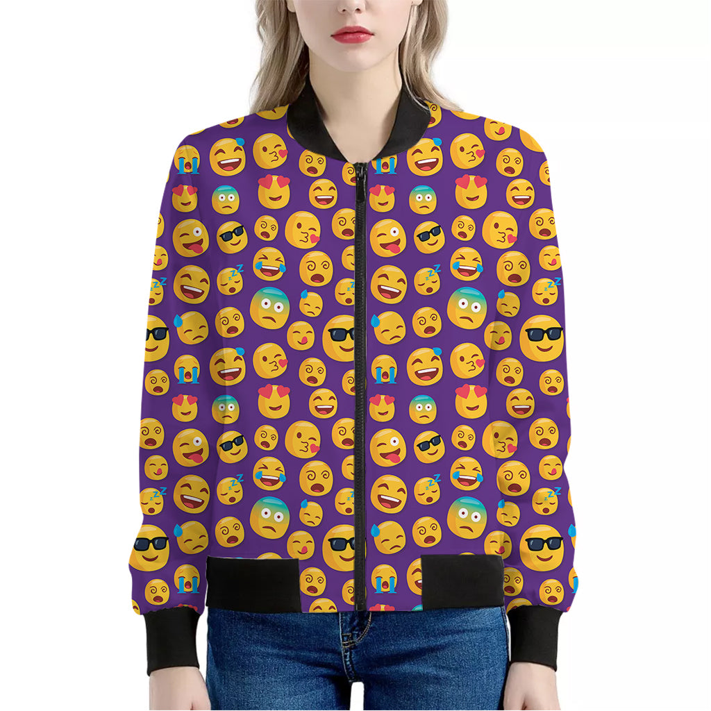 Purple Emoji Pattern Print Women's Bomber Jacket