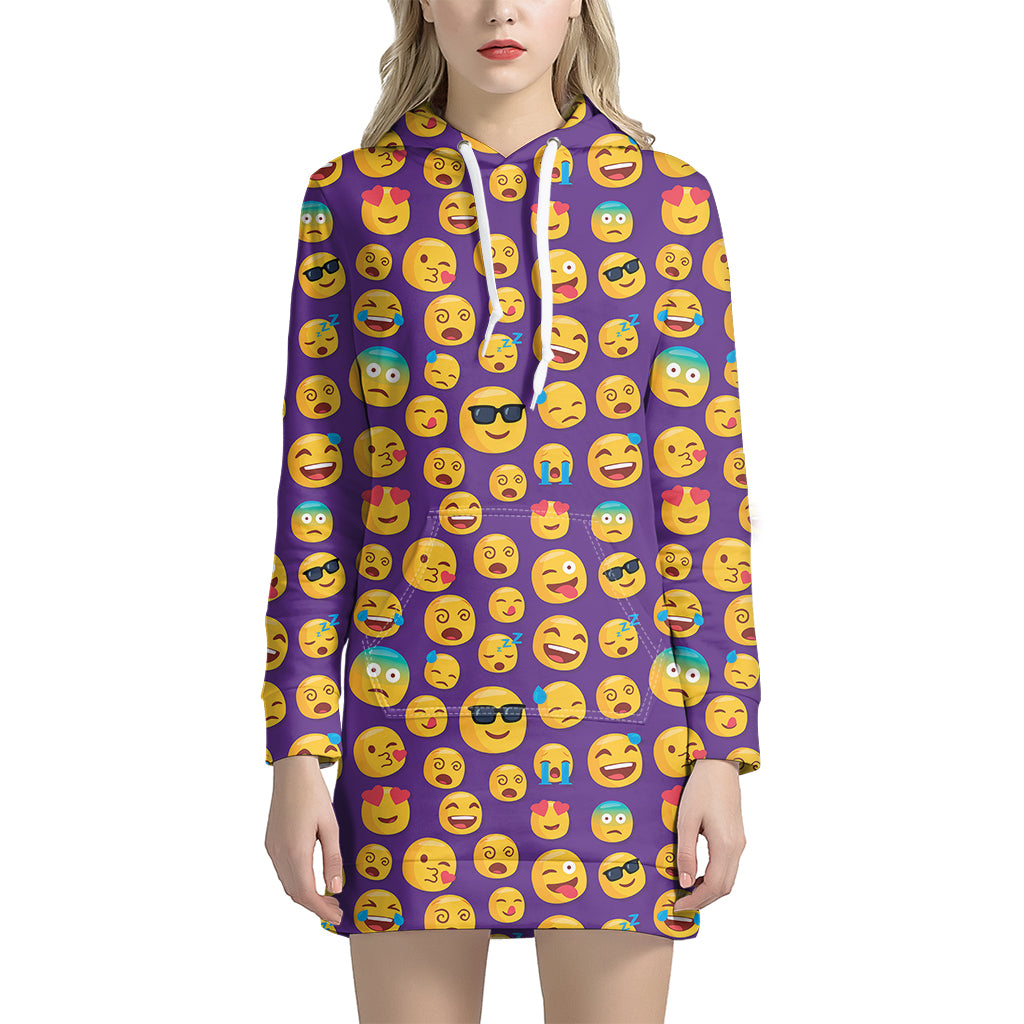 Purple Emoji Pattern Print Women's Pullover Hoodie Dress