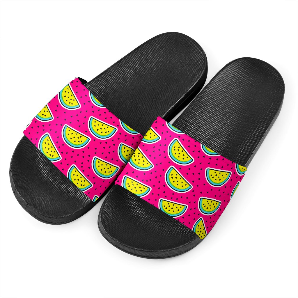 Purple Fancy Watermelon Pattern Print Black Slide Sandals