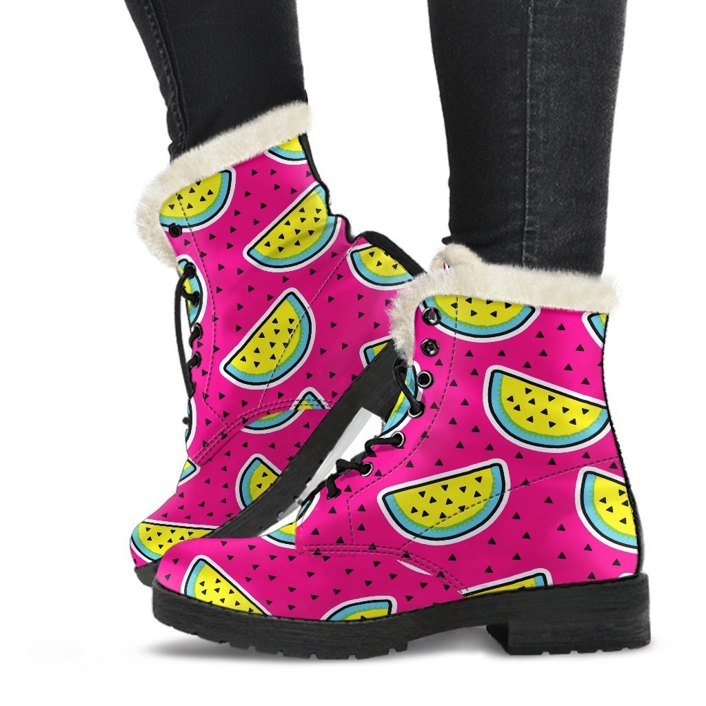 Purple Fancy Watermelon Pattern Print Faux Fur Leather Boots