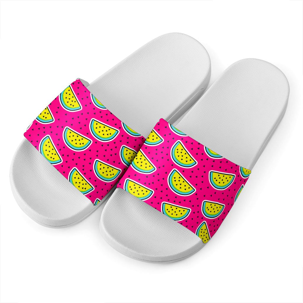 Purple Fancy Watermelon Pattern Print White Slide Sandals