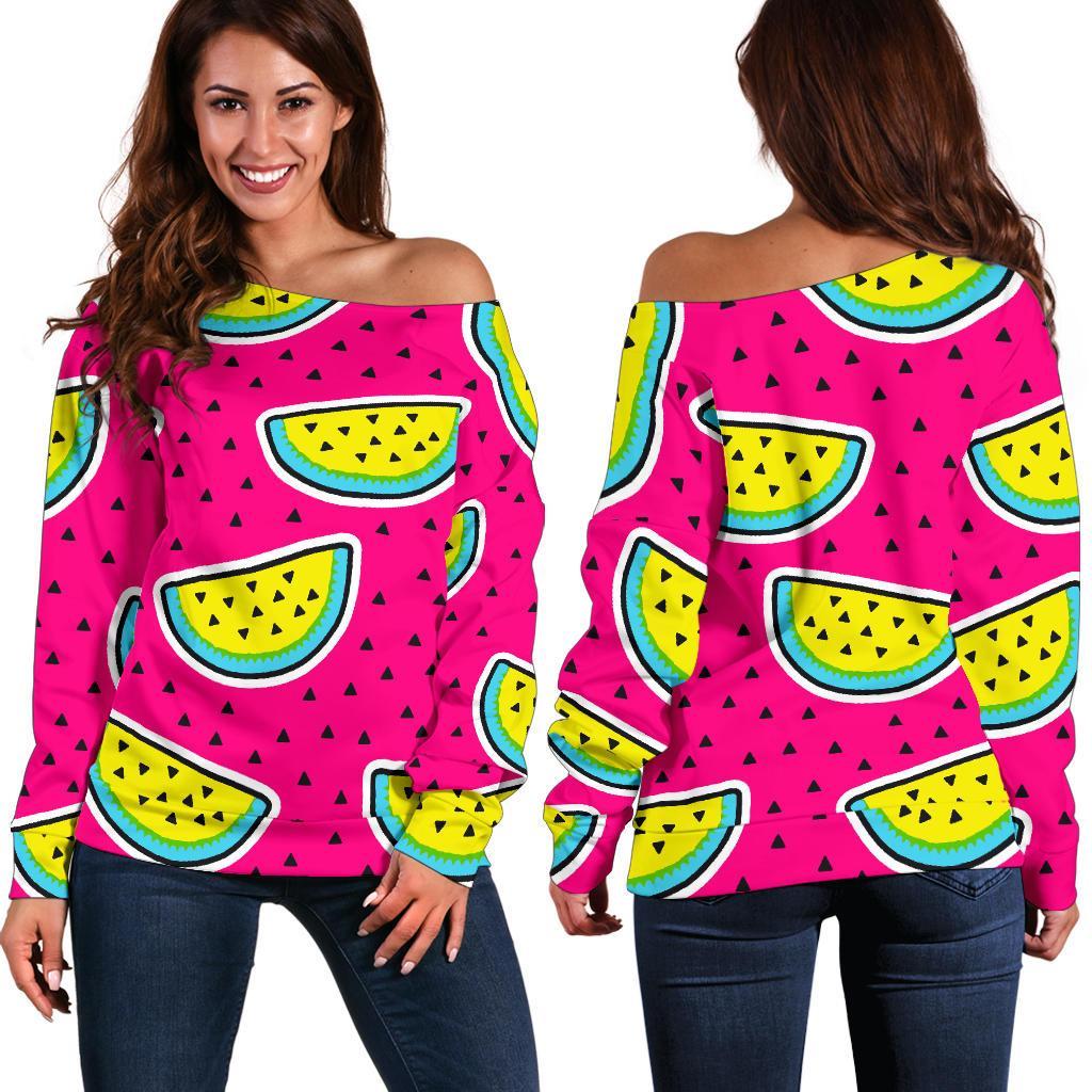 Purple Fancy Watermelon Pattern Print Women's Off-Shoulder Sweatshirt