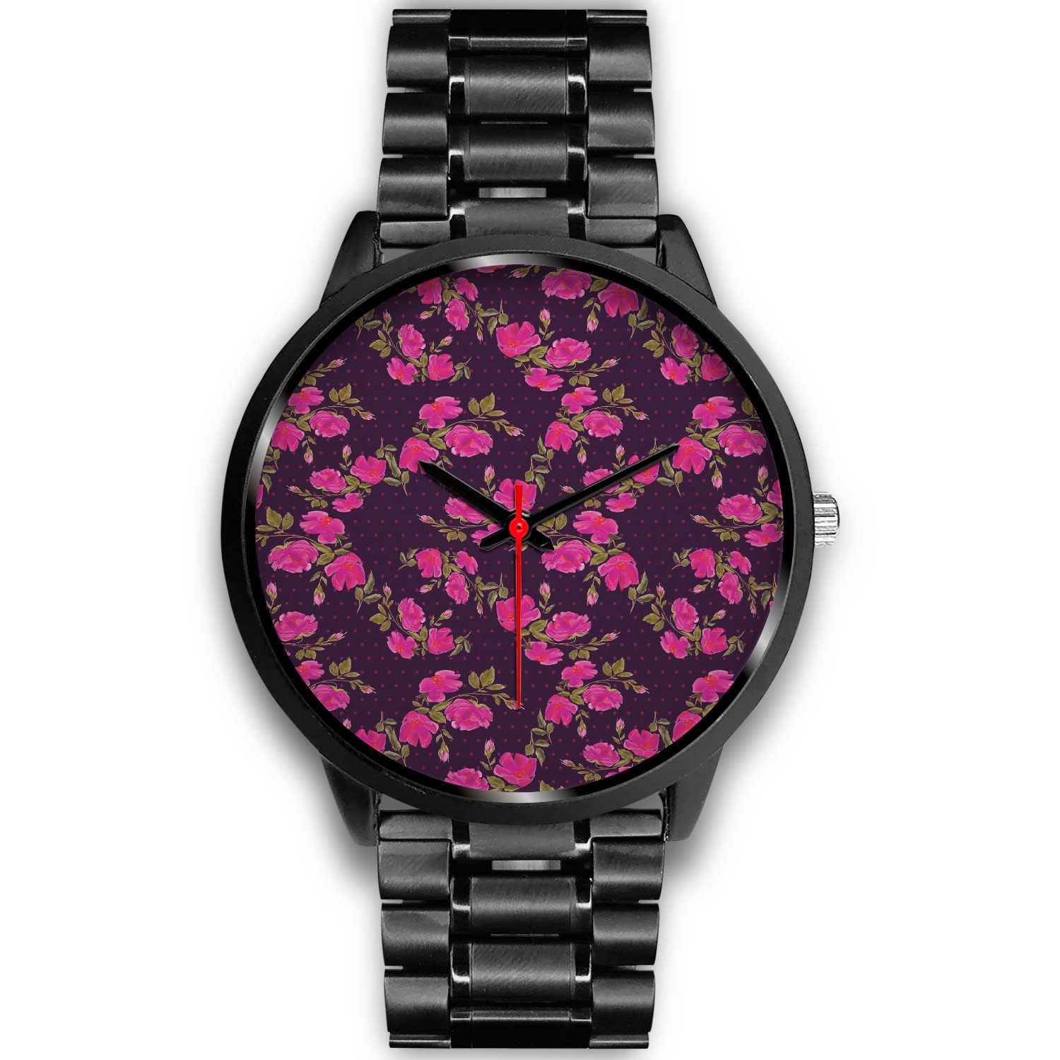 Purple Floral Flower Pattern Print Black Watch