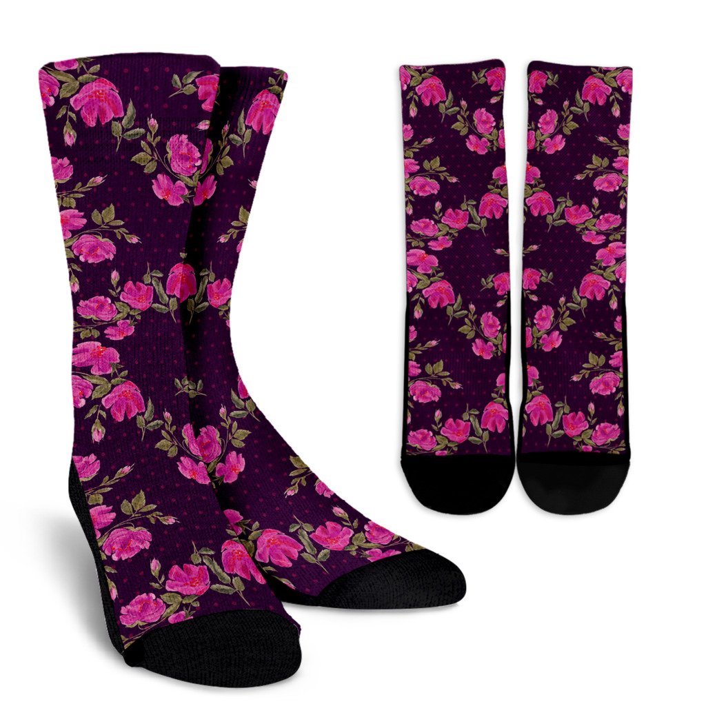 Purple Floral Flower Pattern Print Crew Socks