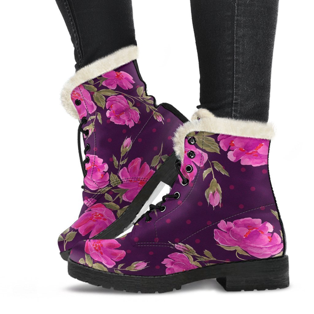 Purple Floral Flower Pattern Print Faux Fur Leather Boots