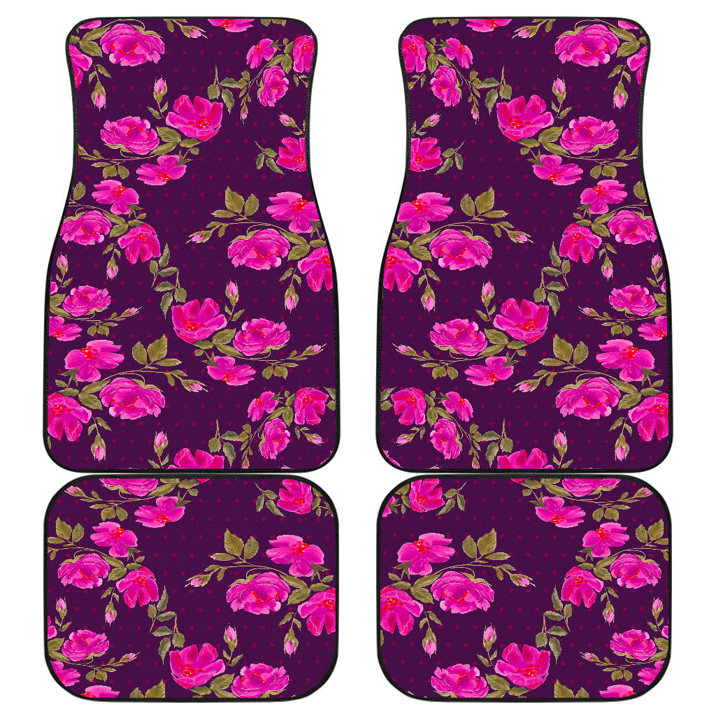 Purple Floral Flower Pattern Print Front and Back Car Floor Mats