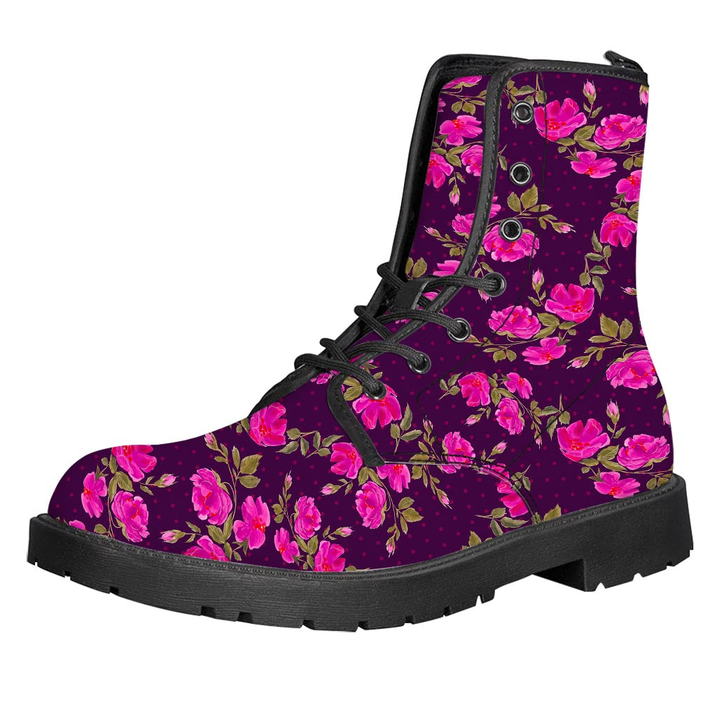 Purple Floral Flower Pattern Print Leather Boots