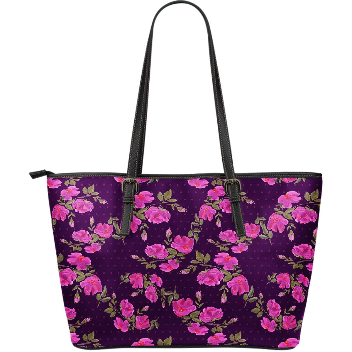 Purple Floral Flower Pattern Print Leather Tote Bag