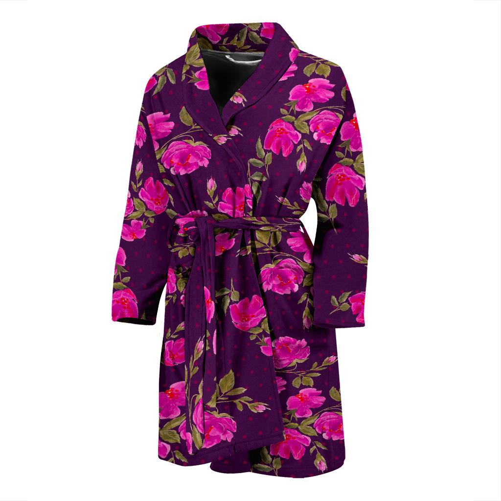 Purple Floral Flower Pattern Print Men's Bathrobe