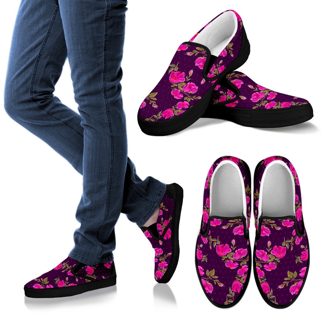 Purple Floral Flower Pattern Print Men's Slip On Shoes