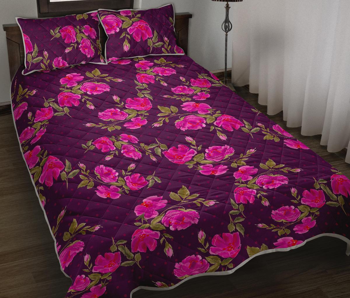 Purple Floral Flower Pattern Print Quilt Bed Set