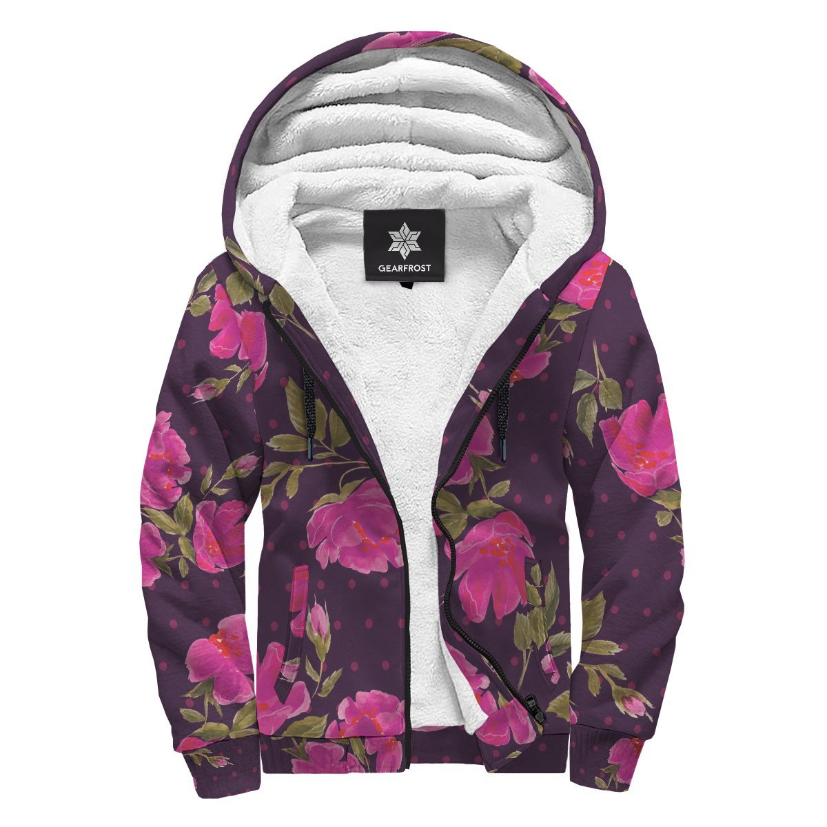 Purple Floral Flower Pattern Print Sherpa Lined Fleece Hoodie