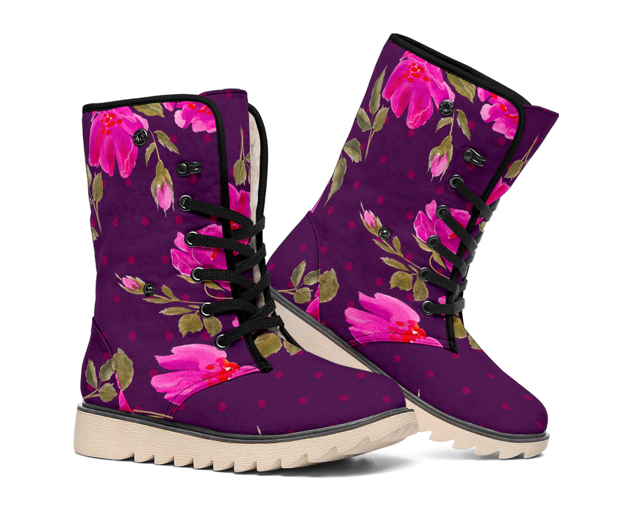 Purple Floral Flower Pattern Print Winter Boots