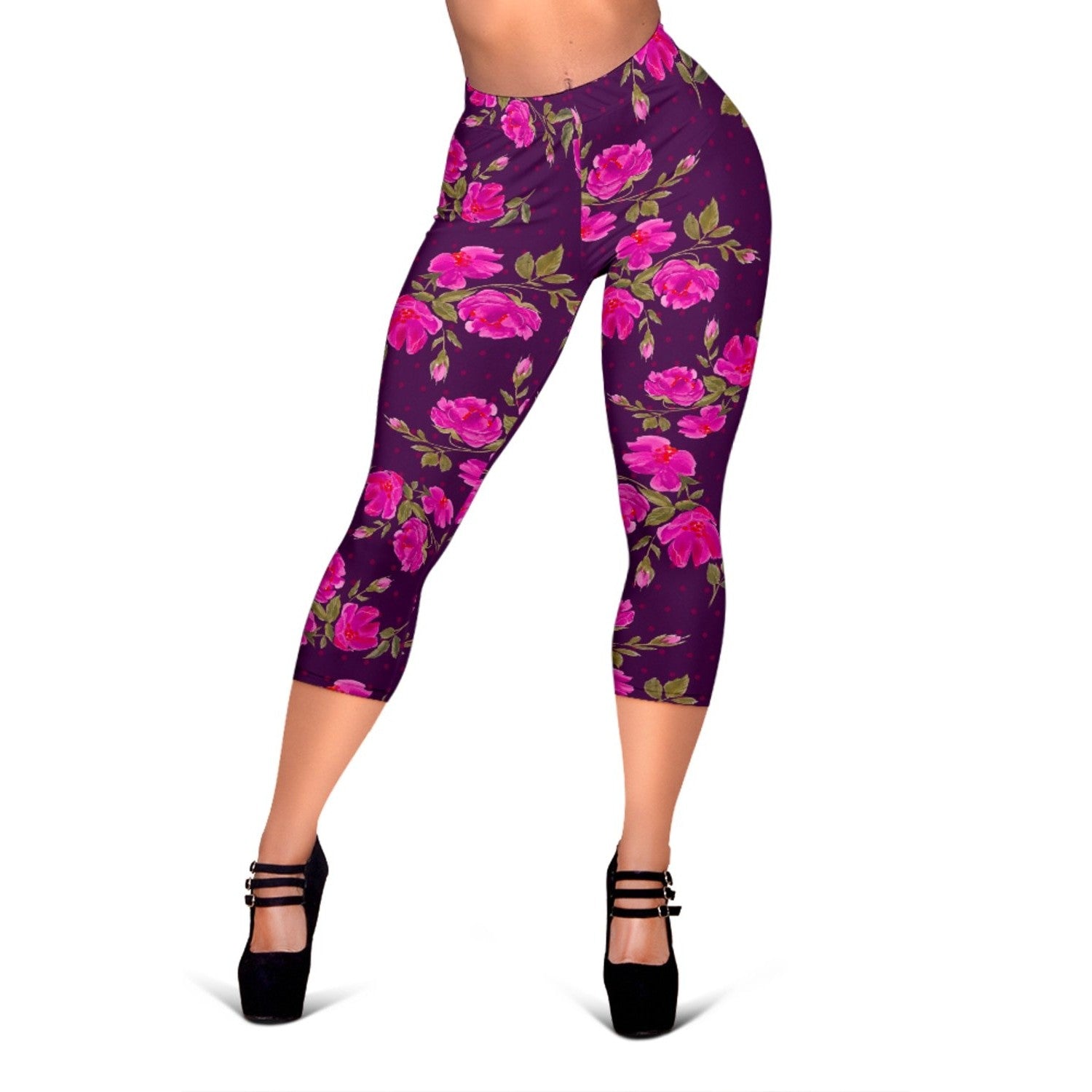 Purple Floral Flower Pattern Print Women's Capri Leggings