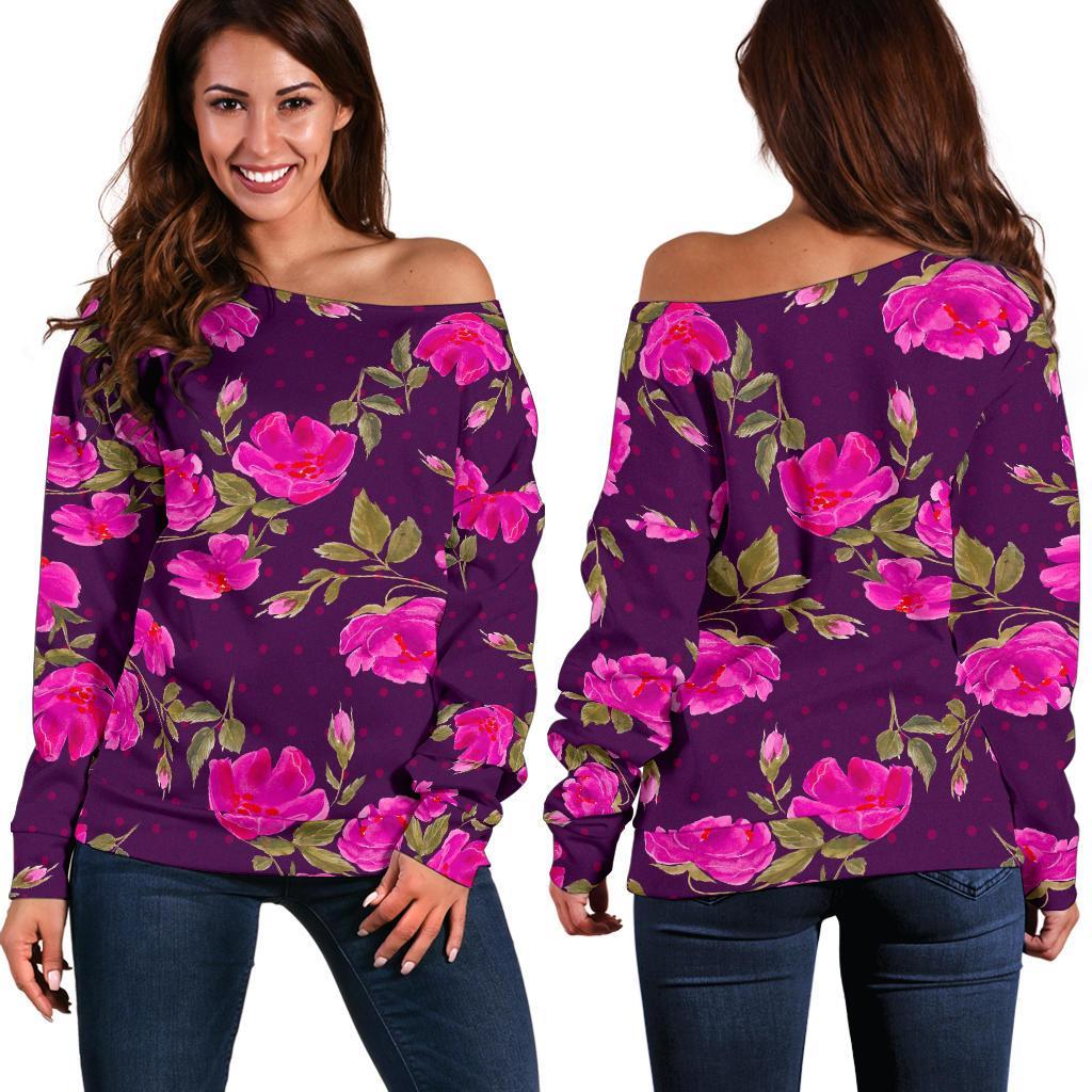 Purple Floral Flower Pattern Print Women's Off-Shoulder Sweatshirt