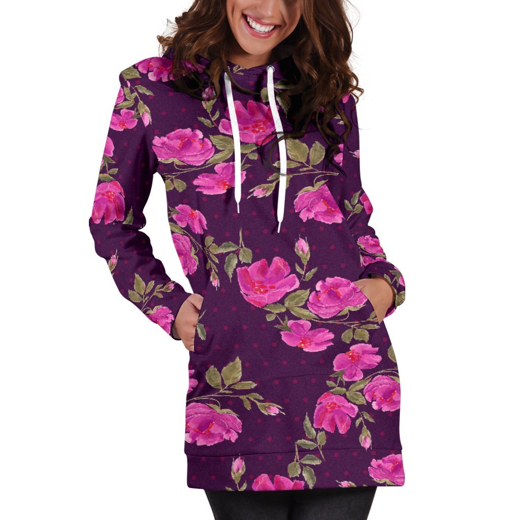 Purple Floral Flower Pattern Print Women's Pullover Hoodie Dress