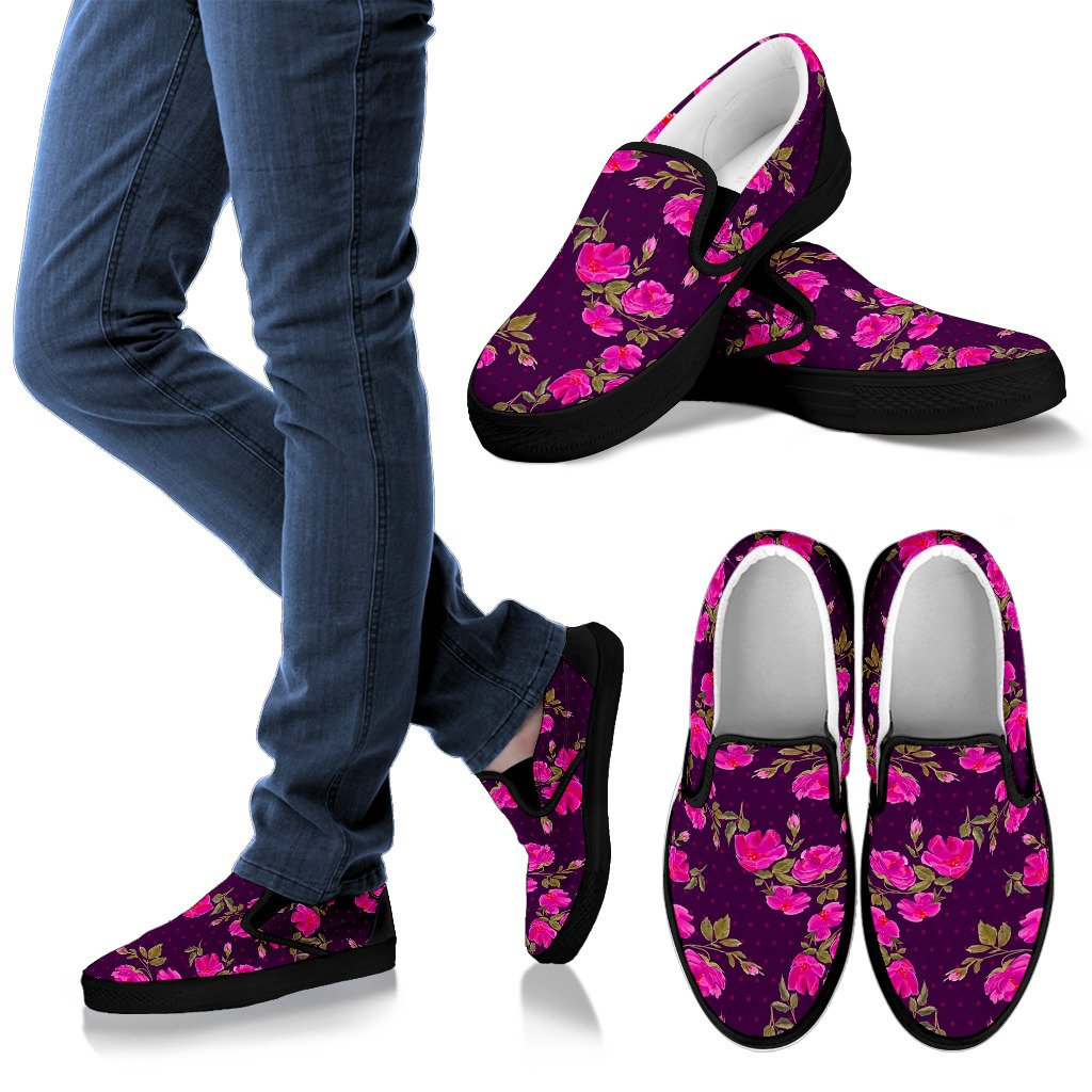 Purple Floral Flower Pattern Print Women's Slip On Shoes