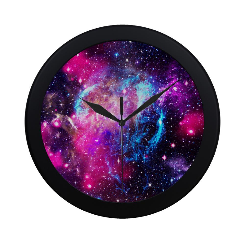 Purple Galaxy Space Blue Stardust Print Black Wall Clock