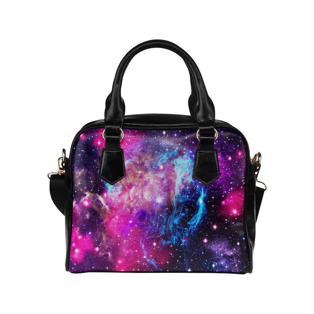 Purple Galaxy Space Blue Stardust Print Leather Shoulder Handbag