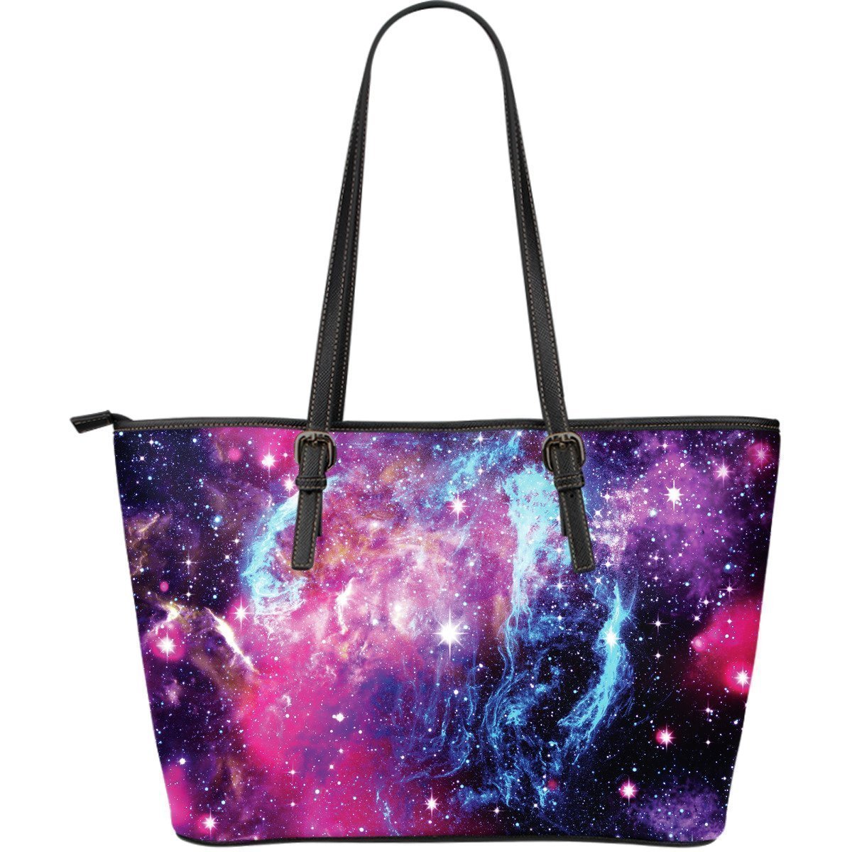 Purple Galaxy Space Blue Stardust Print Leather Tote Bag