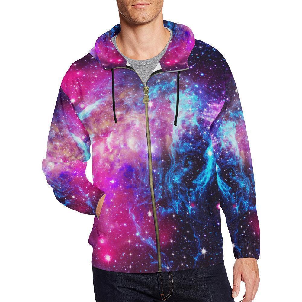 Purple Galaxy Space Blue Stardust Print Men's Zip Up Hoodie