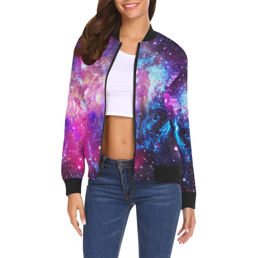 Purple Galaxy Space Blue Stardust Print Women's Bomber Jacket