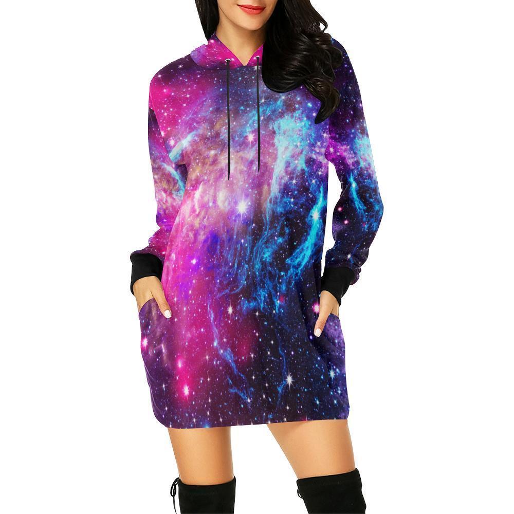 Purple Galaxy Space Blue Stardust Print Women's Pullover Hoodie Dress