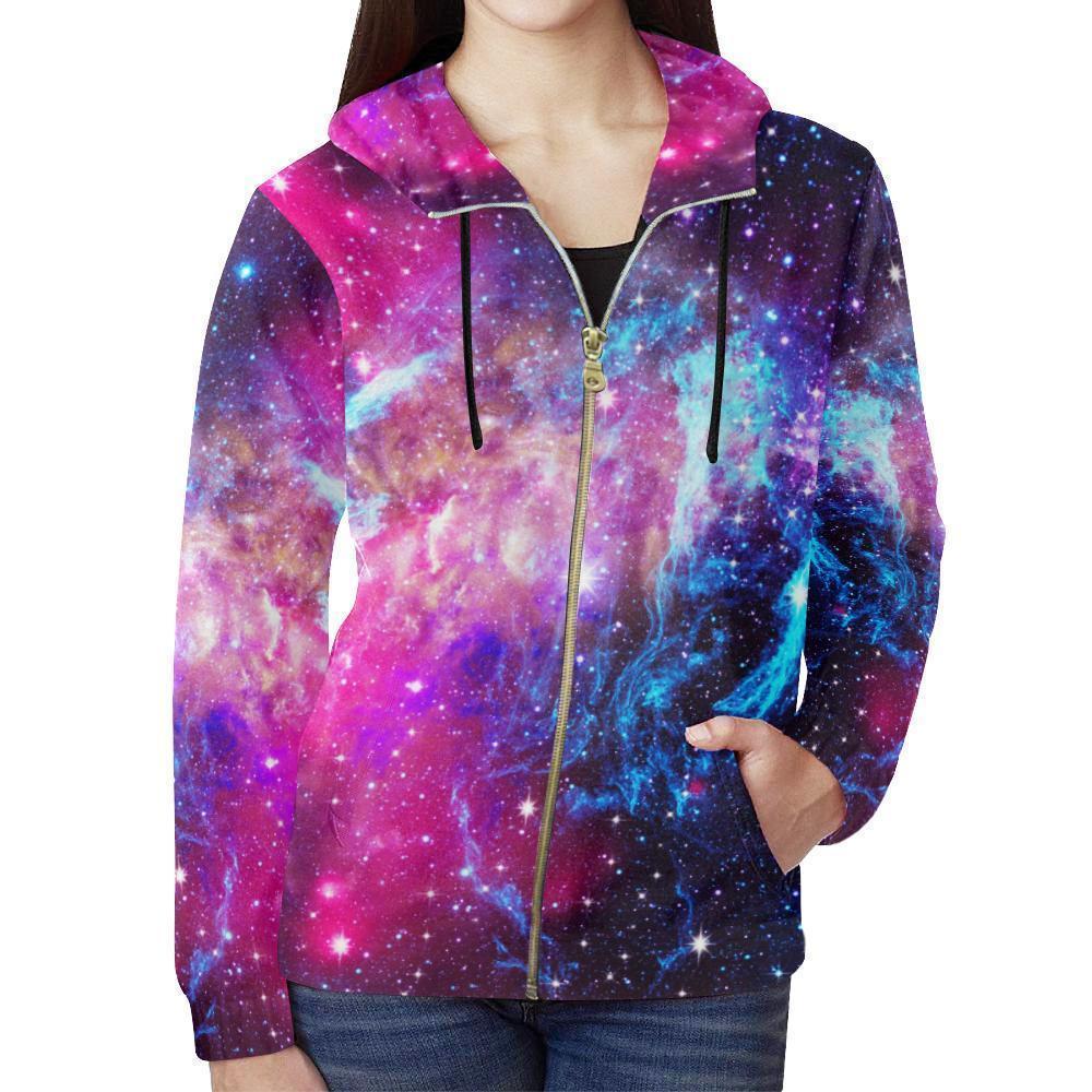 Purple Galaxy Space Blue Stardust Print Women's Zip Up Hoodie