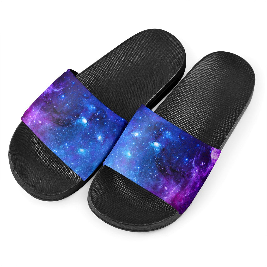 Purple Galaxy Space Blue Starfield Print Black Slide Sandals