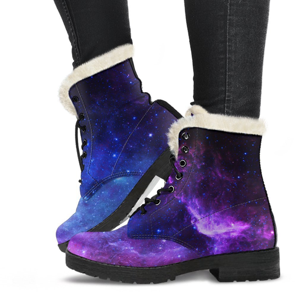 Purple Galaxy Space Blue Starfield Print Faux Fur Leather Boots