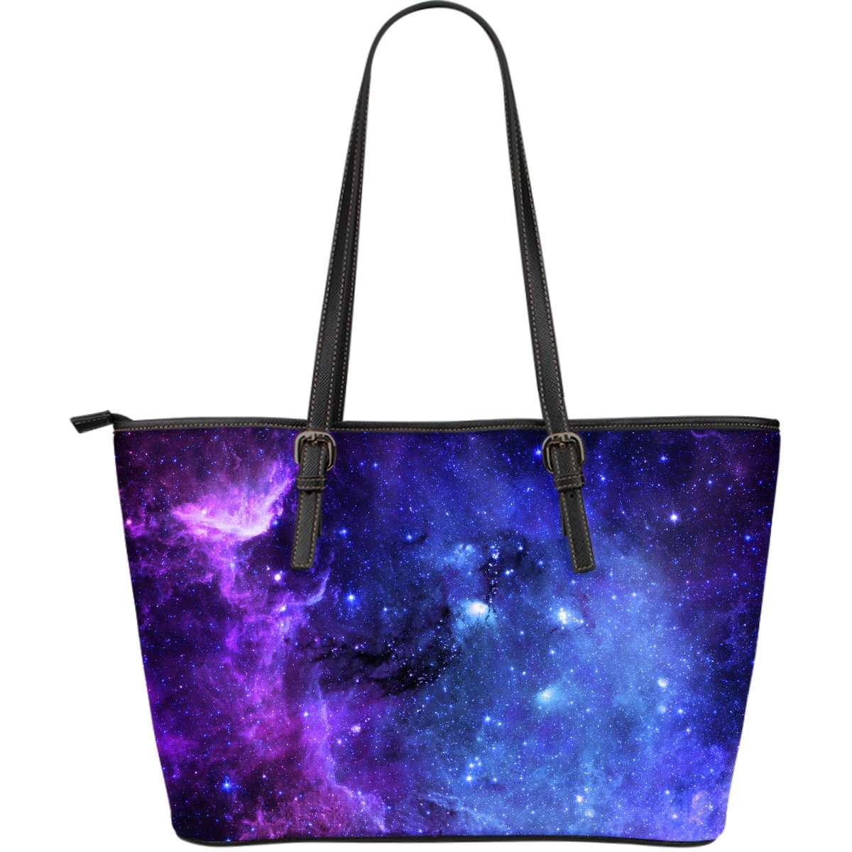 Purple Galaxy Space Blue Starfield Print Leather Tote Bag