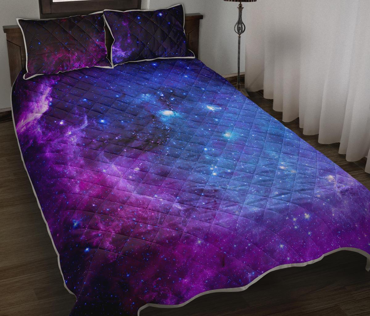 Purple Galaxy Space Blue Starfield Print Quilt Bed Set