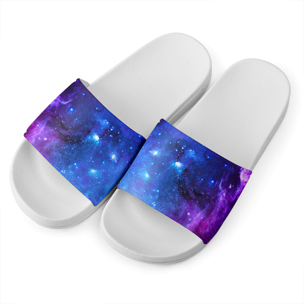 Purple Galaxy Space Blue Starfield Print White Slide Sandals