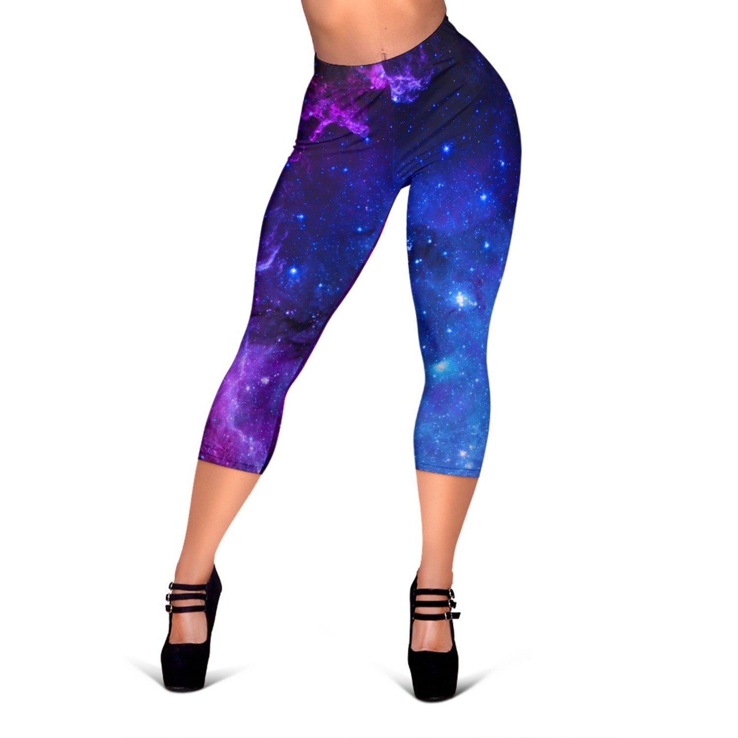 Purple Galaxy Space Blue Starfield Print Women's Capri Leggings