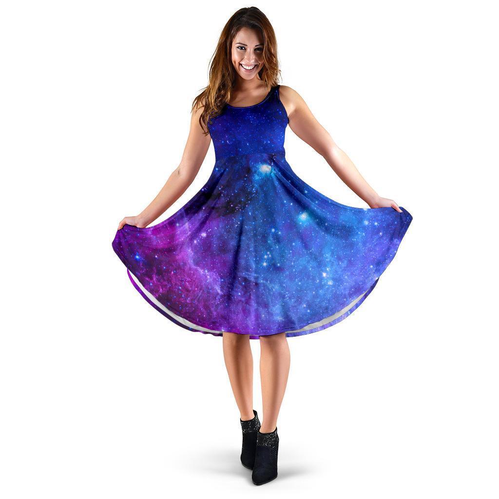 Purple Galaxy Space Blue Starfield Print Women's Dress