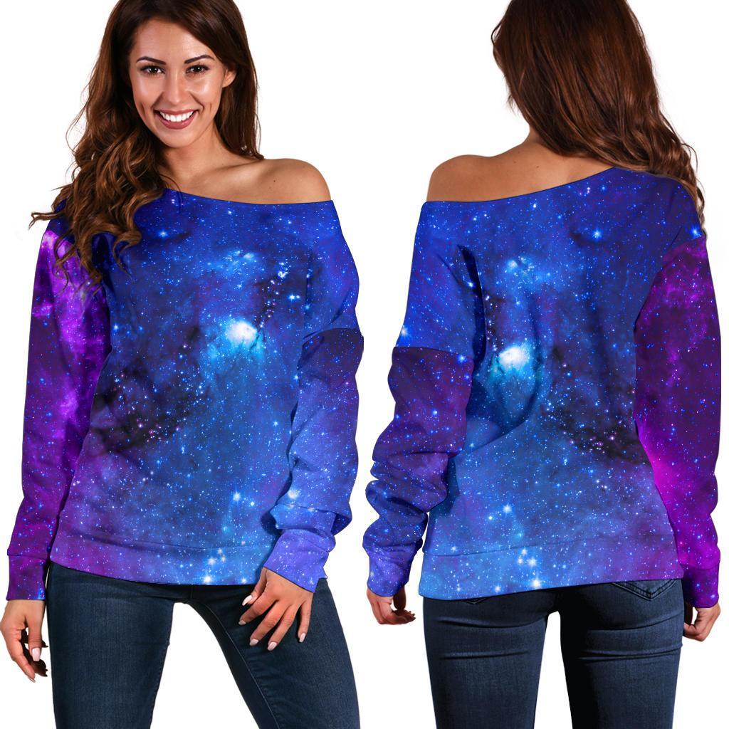 Purple Galaxy Space Blue Starfield Print Women's Off-Shoulder Sweatshirt