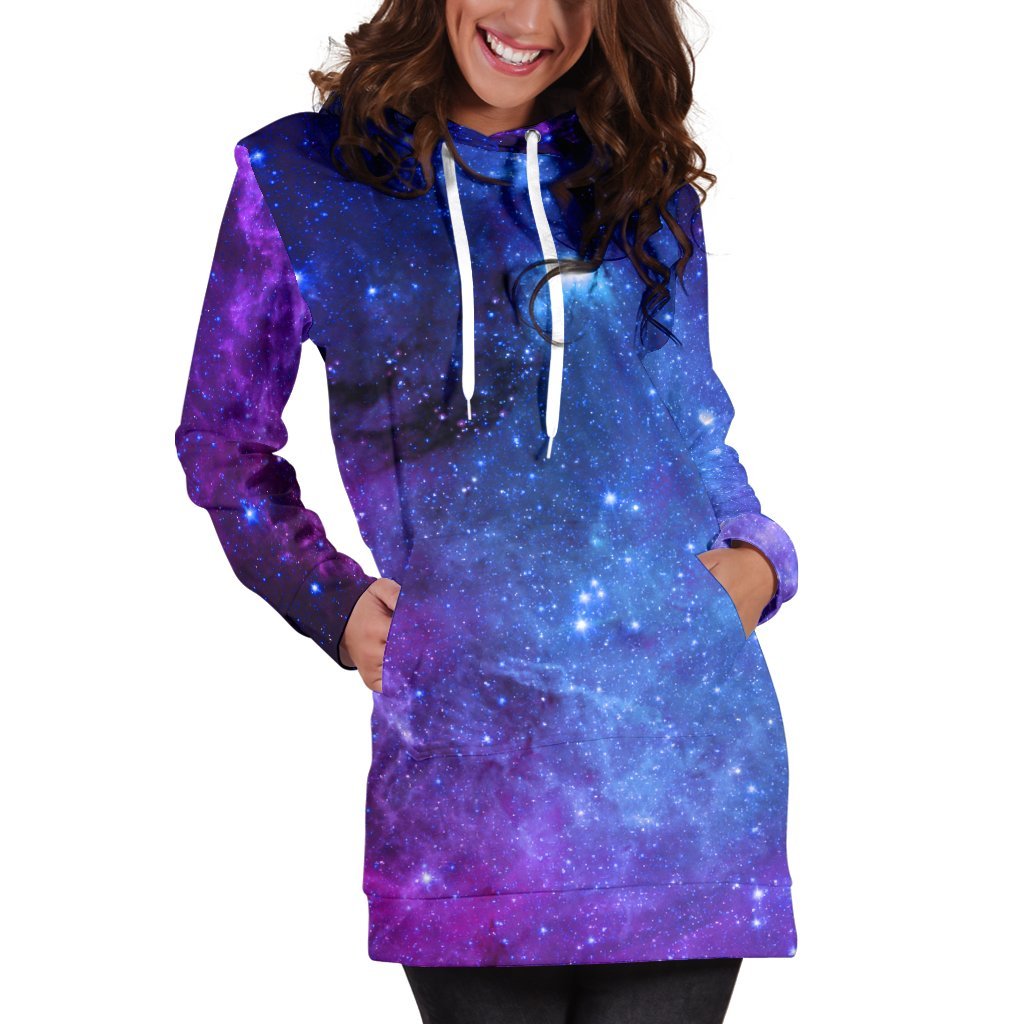 Purple Galaxy Space Blue Starfield Print Women's Pullover Hoodie Dress