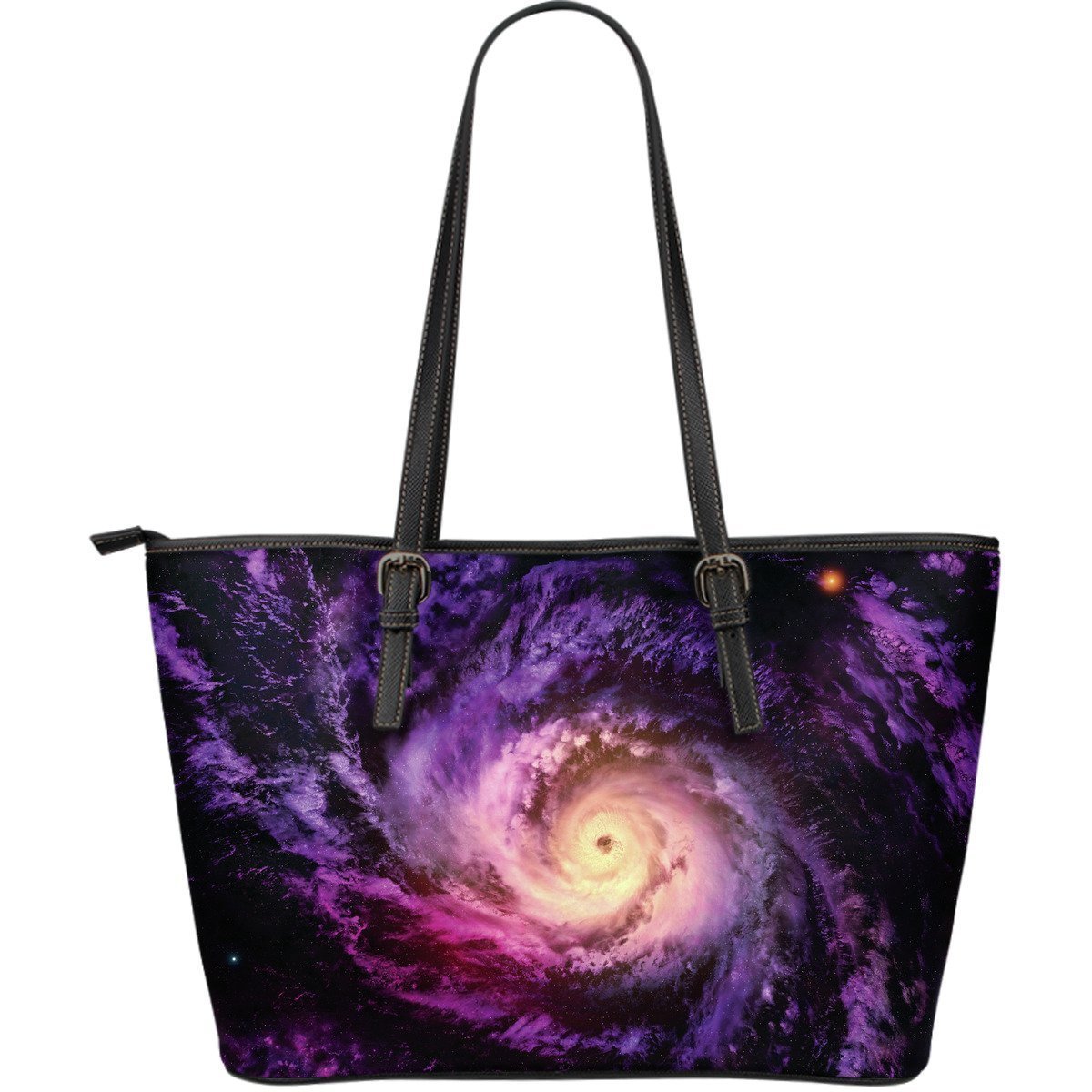 Purple Galaxy Space Spiral Cloud Print Leather Tote Bag