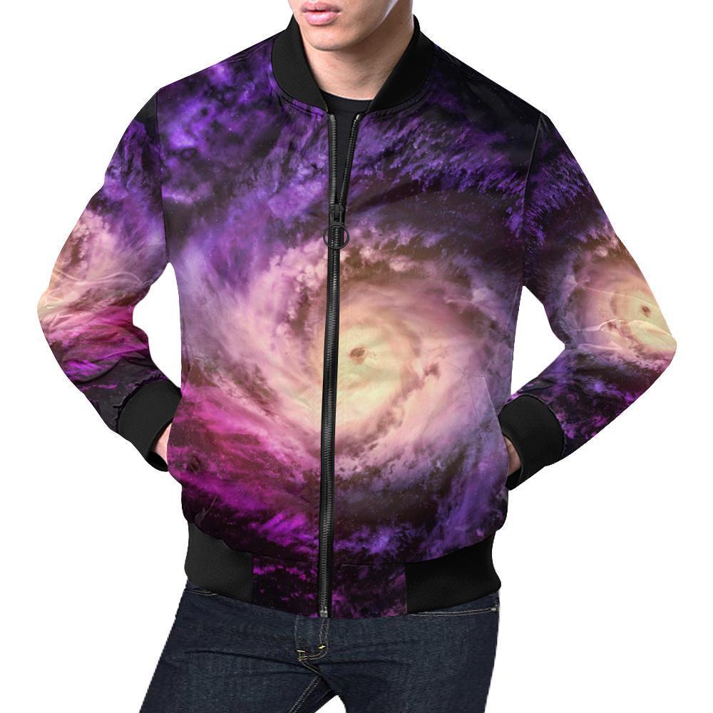 Purple Galaxy Space Spiral Cloud Print Men's Bomber Jacket