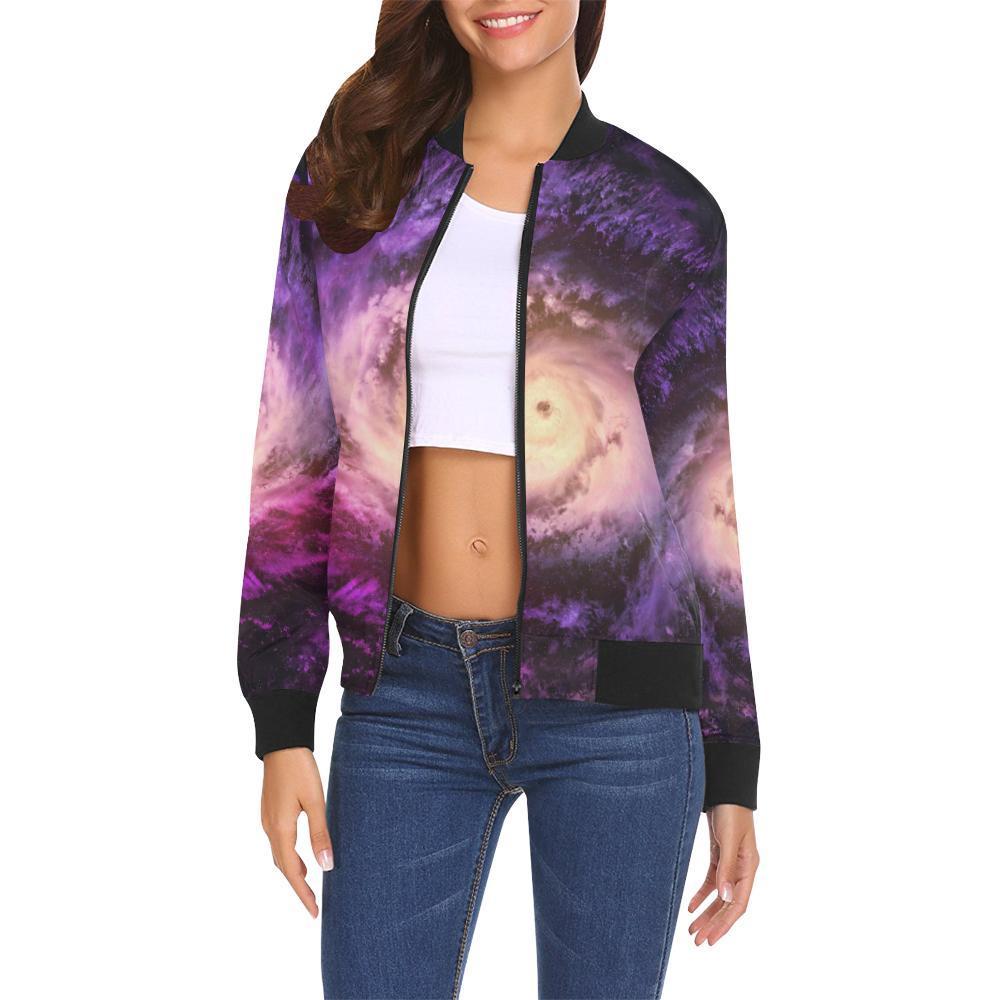 Purple Galaxy Space Spiral Cloud Print Women's Bomber Jacket