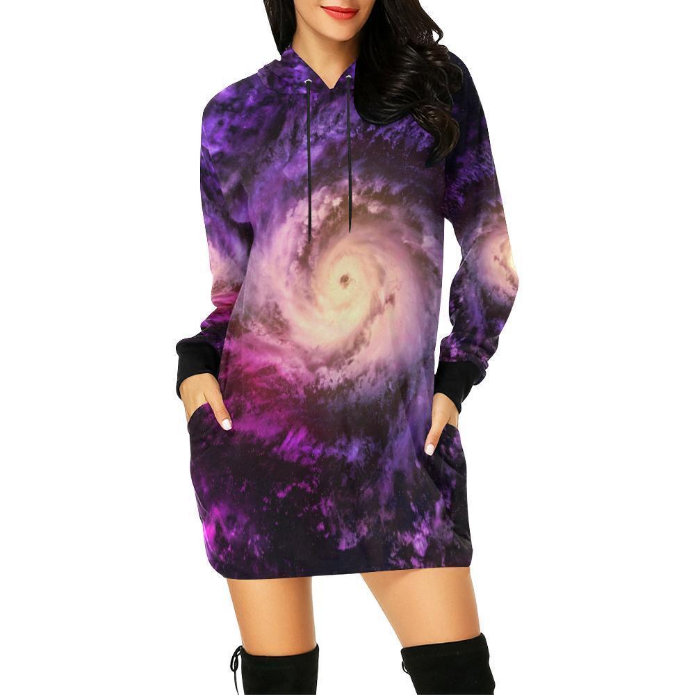 Purple Galaxy Space Spiral Cloud Print Women's Pullover Hoodie Dress