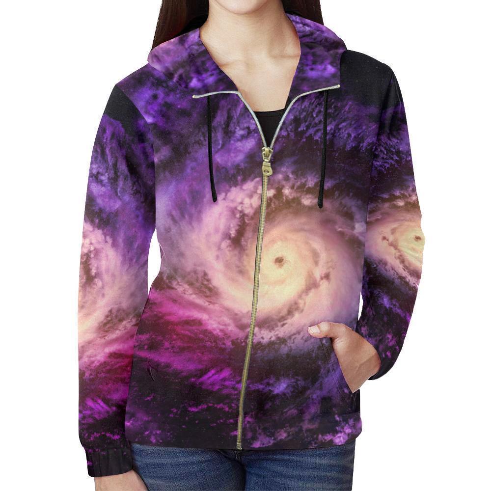 Purple Galaxy Space Spiral Cloud Print Women's Zip Up Hoodie