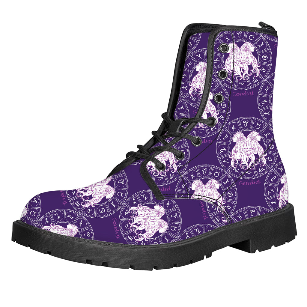 Purple Gemini Zodiac Pattern Print Leather Boots