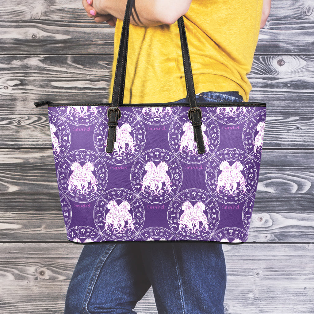 Purple Gemini Zodiac Pattern Print Leather Tote Bag