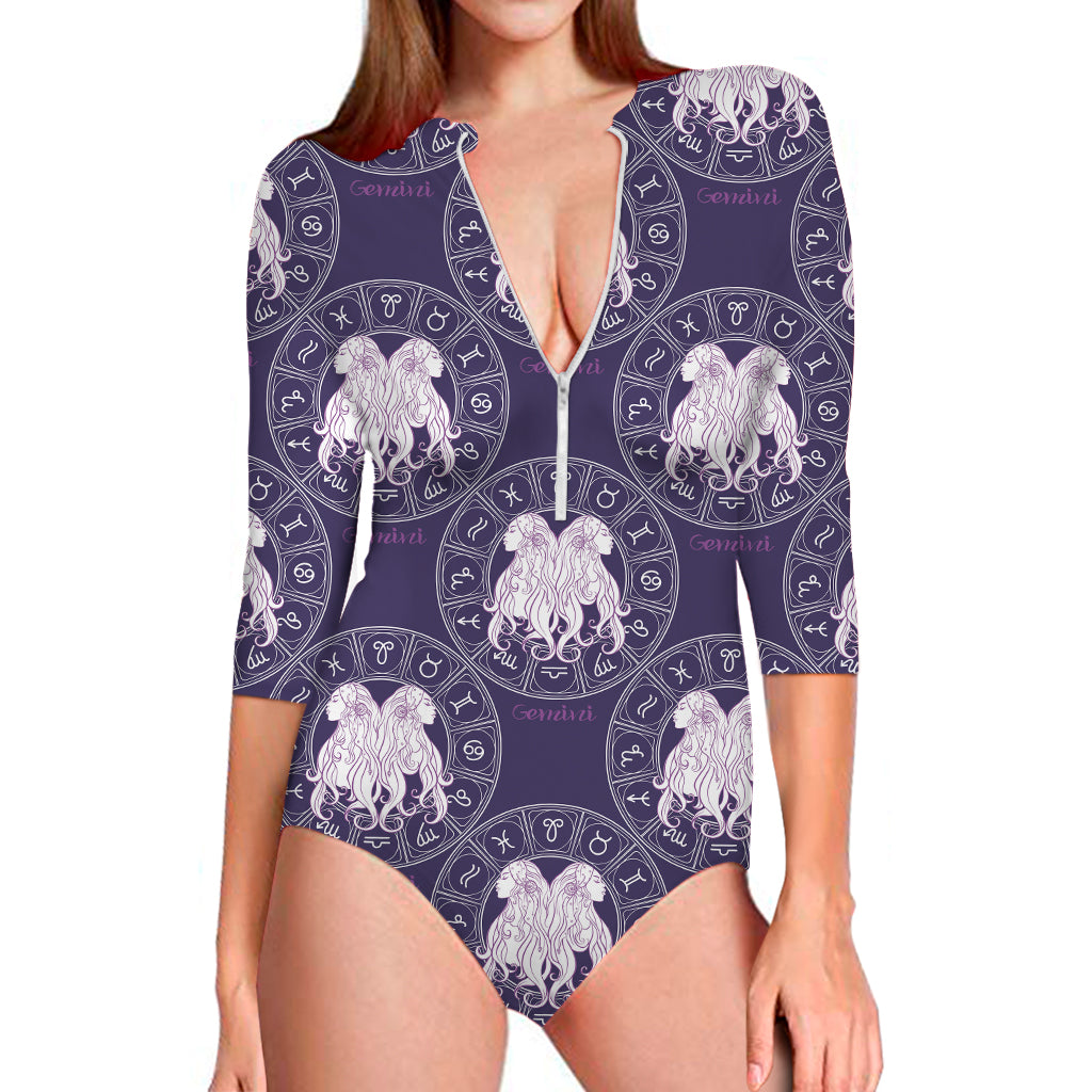 Purple Gemini Zodiac Pattern Print Long Sleeve One Piece Swimsuit